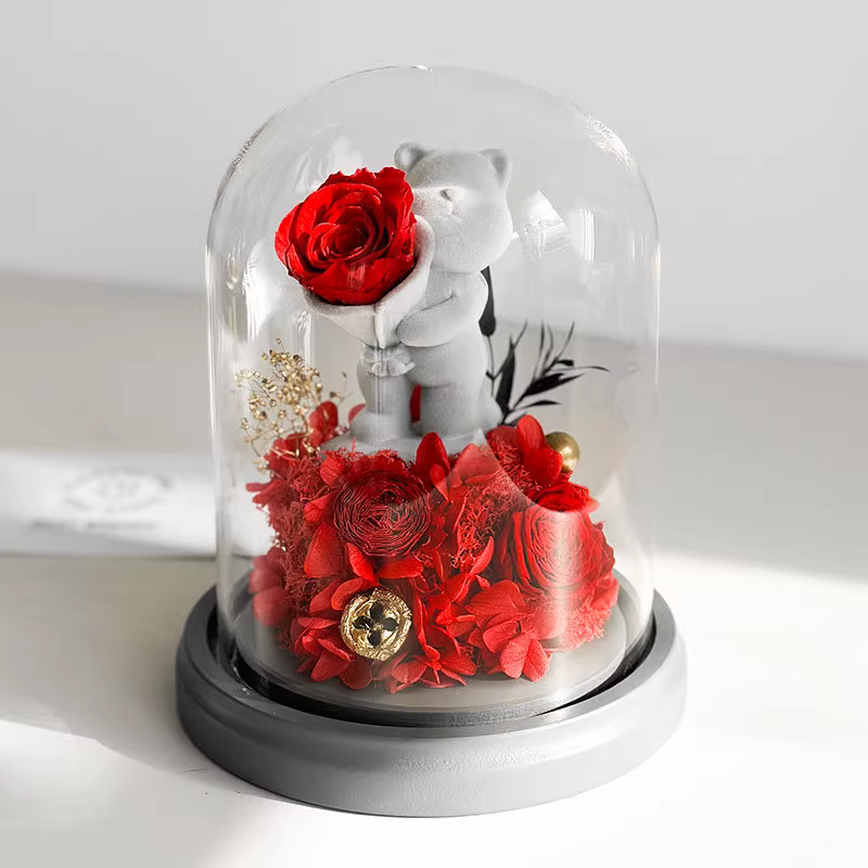 Preserved Fresh Flower - Red Rose Bear