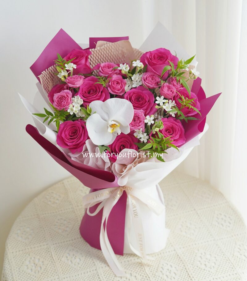 Bouquet 064 - Dark Pink Rose (add on SOAP FLOWER Phalaenopsis Orchid)