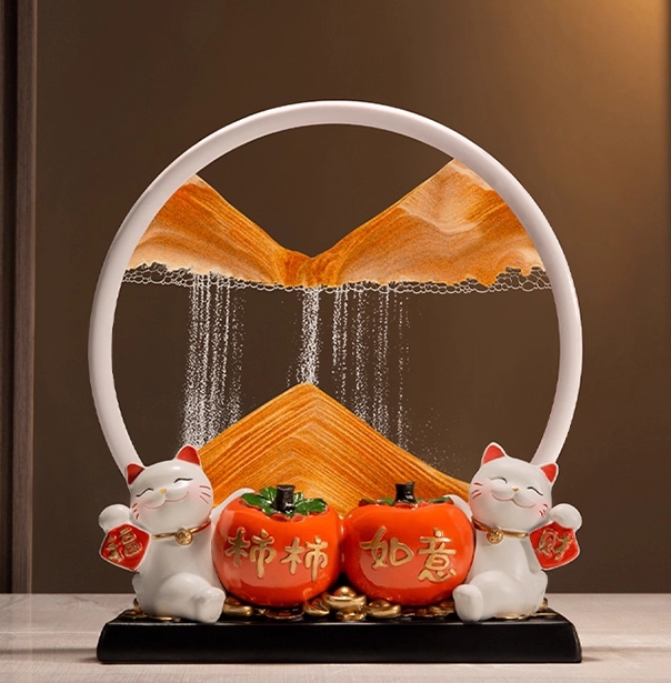 Fortune Cat with Lucky Orange (Flowing Gold Sand)