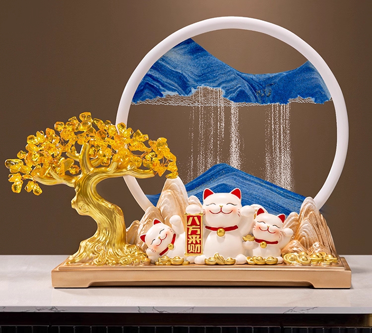 Triple Fortune Cat with Flowing Blue Sand
