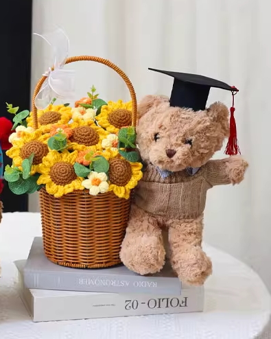 Graduation Bear Knit Sunflower Basket