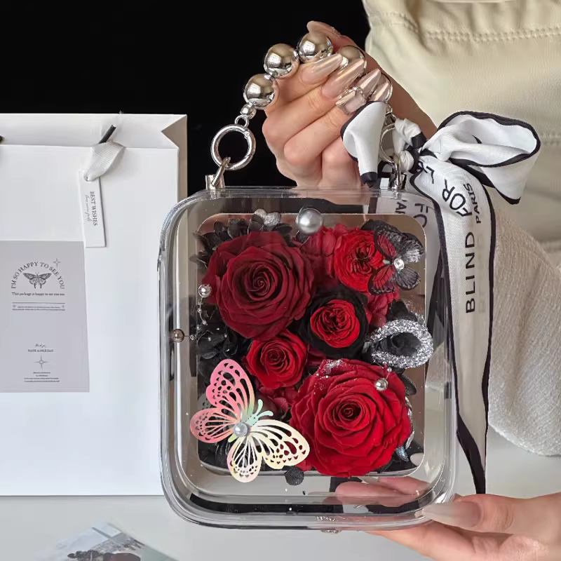 Preserved RED Flower in Acrylic Box - size 16*26*7cm