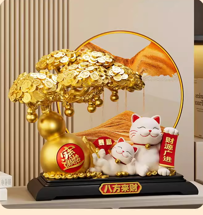 Gold Sand Twin Fortune Cat - Gold Frame