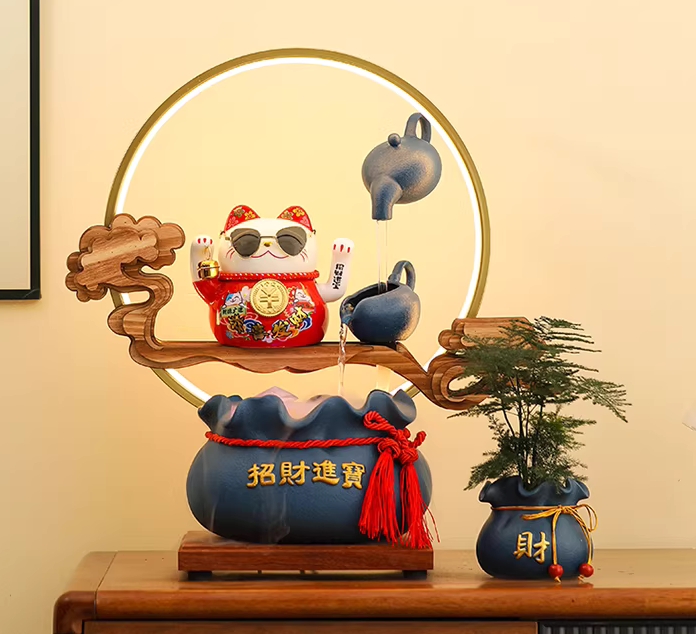 Water Fountain with Light Fortune Cat