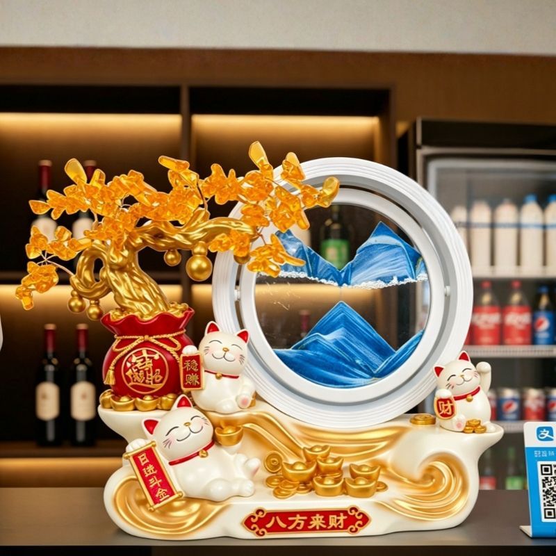 Triple Fortune Cat with Flowing Blue Sand (Sand cover can rotate with Light)